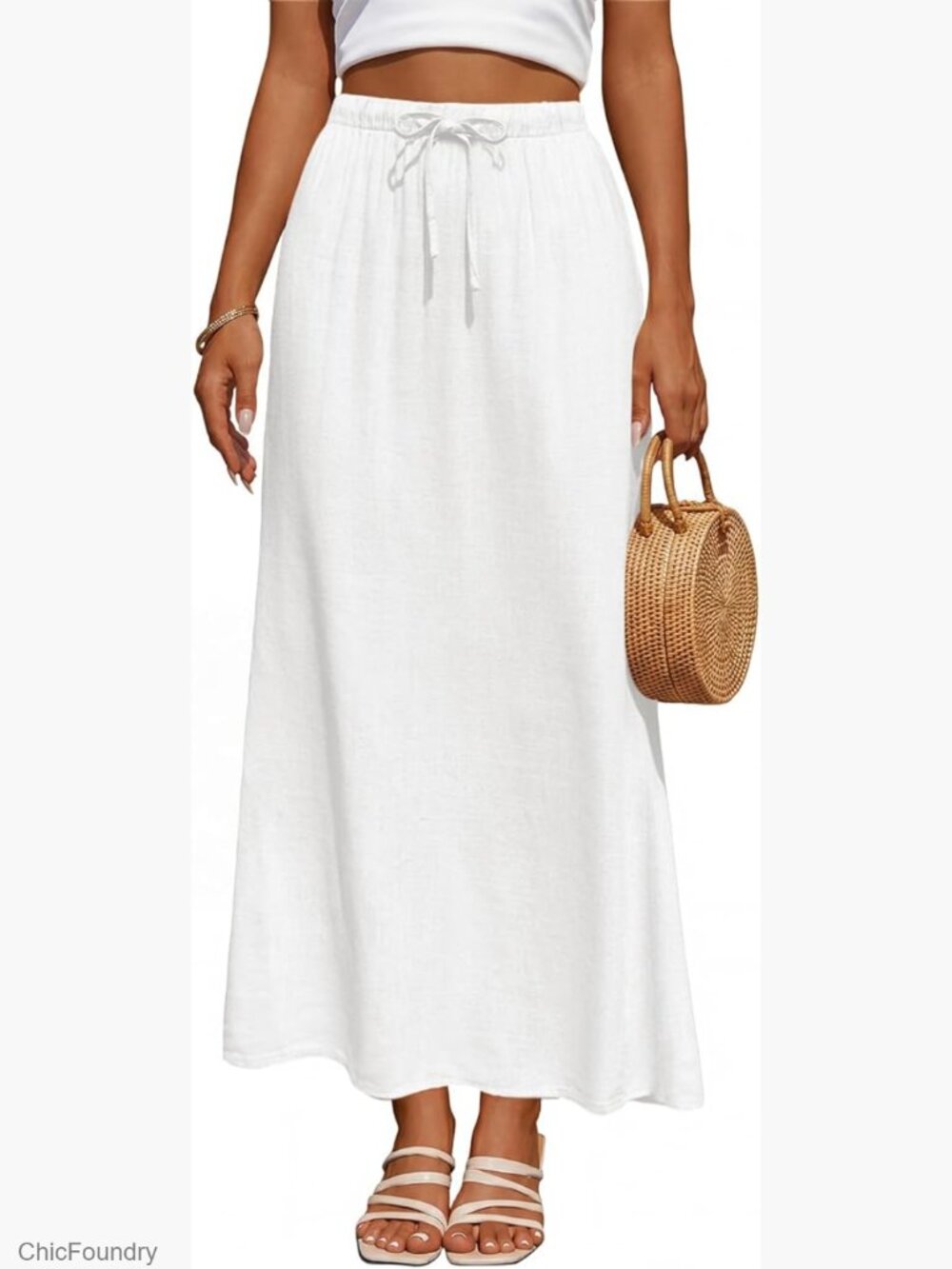Linen Maxi Skirt High Waisted Drawstring Back Slit Flowy Summer
